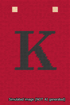 A simulated image of the stitched needlepoint design: Banner 13m Squared K Black on Red. Not A.I. generated.
