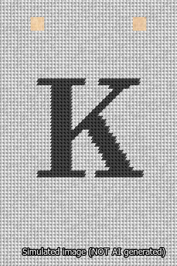 A simulated image of the stitched needlepoint design: Banner 13m Squared K Black on White. Not A.I. generated.