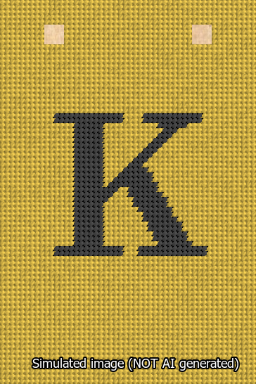 A simulated image of the stitched needlepoint design: Banner 13m Squared K Black on Yellow. Not A.I. generated.
