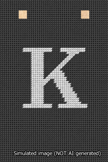 A simulated image of the stitched needlepoint design: Banner 13m Squared K White on Black. Not A.I. generated.