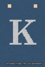 A simulated image of the stitched needlepoint design: Banner 13m Squared K White on Blue. Not A.I. generated.