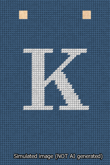 A simulated image of the stitched needlepoint design: Banner 13m Squared K White on Blue. Not A.I. generated.