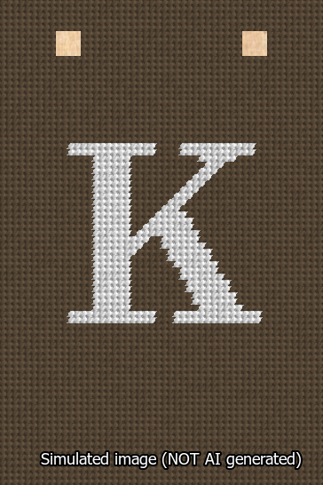 A simulated image of the stitched needlepoint design: Banner 13m Squared K White on Brown. Not A.I. generated.