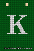 A simulated image of the stitched needlepoint design: Banner 13m Squared K White on Green. Not A.I. generated.