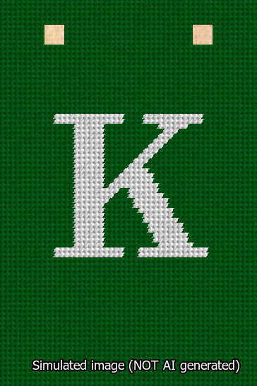 A simulated image of the stitched needlepoint design: Banner 13m Squared K White on Green. Not A.I. generated.