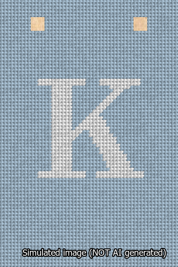 A simulated image of the stitched needlepoint design: Banner 13m Squared K White on Light Blue. Not A.I. generated.