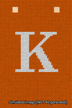 A simulated image of the stitched needlepoint design: Banner 13m Squared K White on Orange. Not A.I. generated.