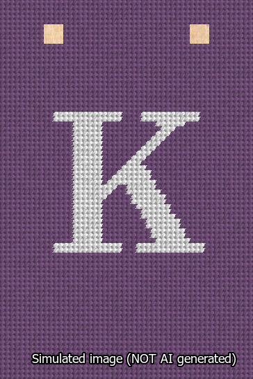 A simulated image of the stitched needlepoint design: Banner 13m Squared K White on Purple. Not A.I. generated.