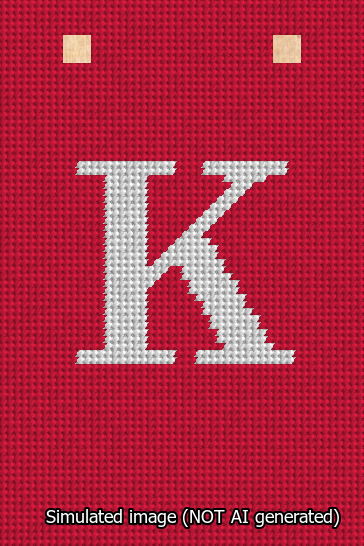 A simulated image of the stitched needlepoint design: Banner 13m Squared K White on Red. Not A.I. generated.