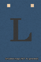A simulated image of the stitched needlepoint design: Banner 13m Squared L Black on Blue. Not A.I. generated.