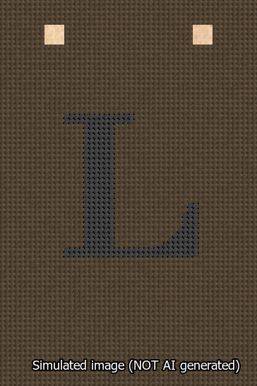 A simulated image of the stitched needlepoint design: Banner 13m Squared L Black on Brown. Not A.I. generated.
