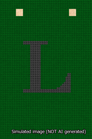 A simulated image of the stitched needlepoint design: Banner 13m Squared L Black on Green. Not A.I. generated.