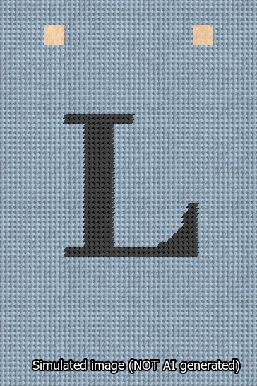 A simulated image of the stitched needlepoint design: Banner 13m Squared L Black on Light Blue. Not A.I. generated.