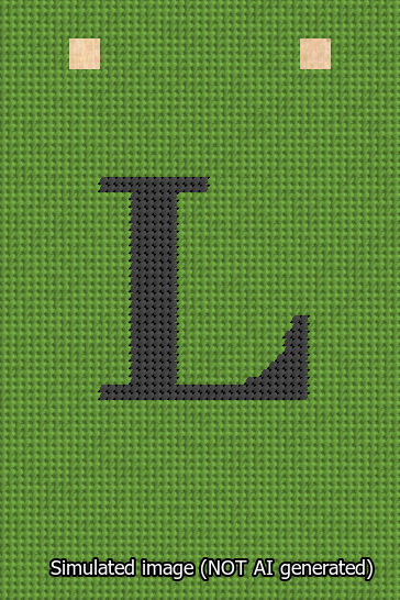 A simulated image of the stitched needlepoint design: Banner 13m Squared L Black on Light Green. Not A.I. generated.