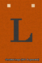 A simulated image of the stitched needlepoint design: Banner 13m Squared L Black on Orange. Not A.I. generated.