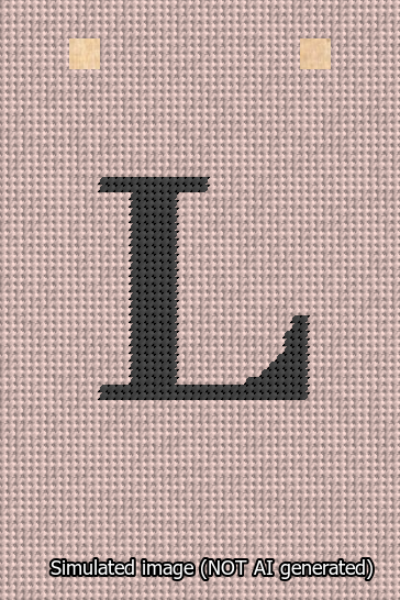 A simulated image of the stitched needlepoint design: Banner 13m Squared L Black on Pink. Not A.I. generated.
