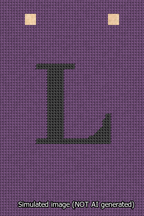 A simulated image of the stitched needlepoint design: Banner 13m Squared L Black on Purple. Not A.I. generated.