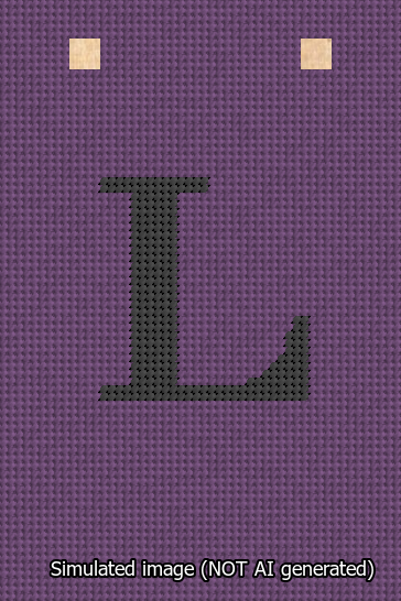A simulated image of the stitched needlepoint design: Banner 13m Squared L Black on Purple. Not A.I. generated.