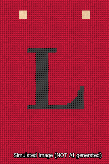 A simulated image of the stitched needlepoint design: Banner 13m Squared L Black on Red. Not A.I. generated.