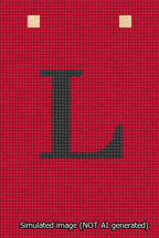 A simulated image of the stitched needlepoint design: Banner 13m Squared L Black on Red. Not A.I. generated.
