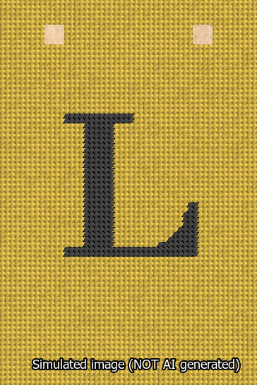 A simulated image of the stitched needlepoint design: Banner 13m Squared L Black on Yellow. Not A.I. generated.