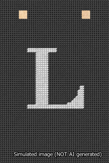 A simulated image of the stitched needlepoint design: Banner 13m Squared L White on Black. Not A.I. generated.