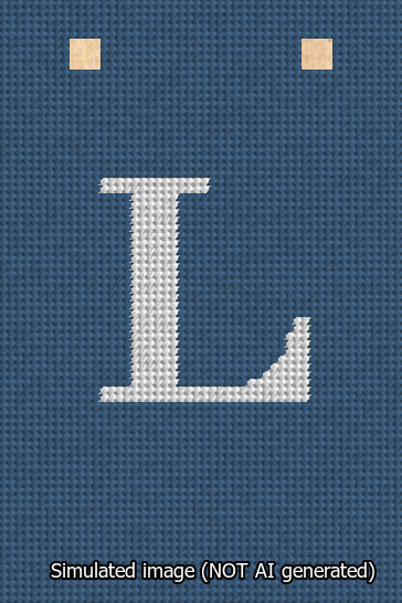 A simulated image of the stitched needlepoint design: Banner 13m Squared L White on Blue. Not A.I. generated.
