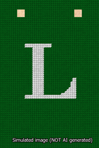 A simulated image of the stitched needlepoint design: Banner 13m Squared L White on Green. Not A.I. generated.