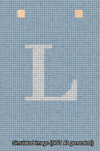 A simulated image of the stitched needlepoint design: Banner 13m Squared L White on Light Blue. Not A.I. generated.