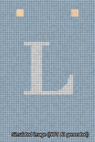 A simulated image of the stitched needlepoint design: Banner 13m Squared L White on Light Blue. Not A.I. generated.