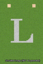 A simulated image of the stitched needlepoint design: Banner 13m Squared L White on Light Green. Not A.I. generated.