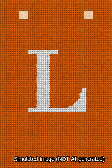 A simulated image of the stitched needlepoint design: Banner 13m Squared L White on Orange. Not A.I. generated.