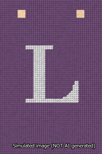 A simulated image of the stitched needlepoint design: Banner 13m Squared L White on Purple. Not A.I. generated.
