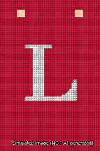 A simulated image of the stitched needlepoint design: Banner 13m Squared L White on Red. Not A.I. generated.