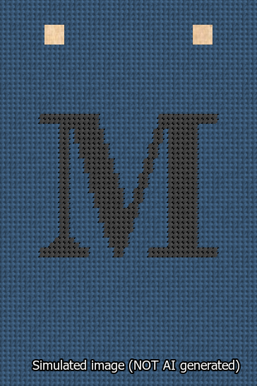 A simulated image of the stitched needlepoint design: Banner 13m Squared M Black on Blue. Not A.I. generated.