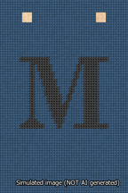 A simulated image of the stitched needlepoint design: Banner 13m Squared M Black on Blue. Not A.I. generated.
