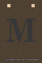 A simulated image of the stitched needlepoint design: Banner 13m Squared M Black on Brown. Not A.I. generated.