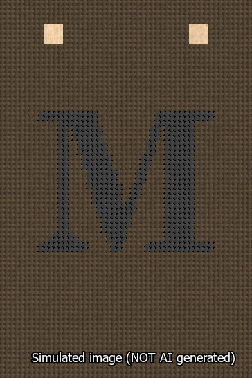 A simulated image of the stitched needlepoint design: Banner 13m Squared M Black on Brown. Not A.I. generated.