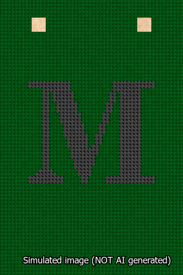 A simulated image of the stitched needlepoint design: Banner 13m Squared M Black on Green. Not A.I. generated.