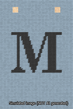 A simulated image of the stitched needlepoint design: Banner 13m Squared M Black on Light Blue. Not A.I. generated.