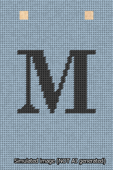 A simulated image of the stitched needlepoint design: Banner 13m Squared M Black on Light Blue. Not A.I. generated.
