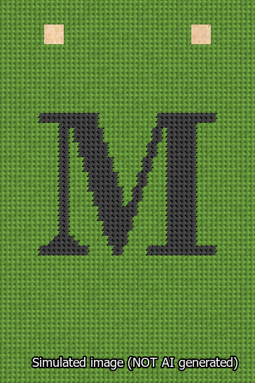 A simulated image of the stitched needlepoint design: Banner 13m Squared M Black on Light Green. Not A.I. generated.