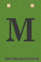 A simulated image of the stitched needlepoint design: Banner 13m Squared M Black on Light Green. Not A.I. generated.