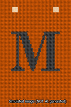 A simulated image of the stitched needlepoint design: Banner 13m Squared M Black on Orange. Not A.I. generated.