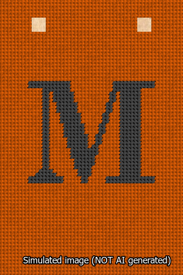A simulated image of the stitched needlepoint design: Banner 13m Squared M Black on Orange. Not A.I. generated.