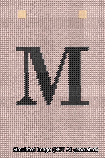 A simulated image of the stitched needlepoint design: Banner 13m Squared M Black on Pink. Not A.I. generated.