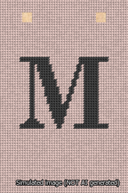 A simulated image of the stitched needlepoint design: Banner 13m Squared M Black on Pink. Not A.I. generated.