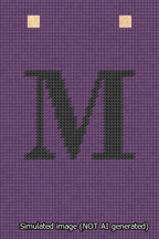 A simulated image of the stitched needlepoint design: Banner 13m Squared M Black on Purple. Not A.I. generated.