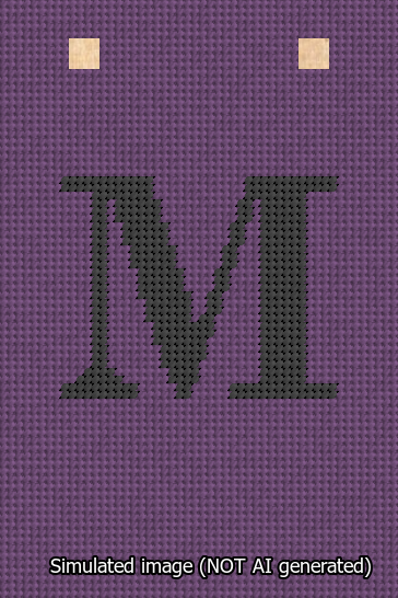 A simulated image of the stitched needlepoint design: Banner 13m Squared M Black on Purple. Not A.I. generated.