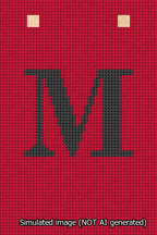 A simulated image of the stitched needlepoint design: Banner 13m Squared M Black on Red. Not A.I. generated.